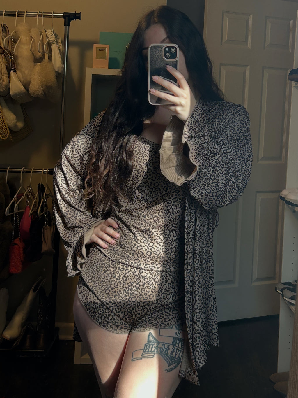 Leopard Cami Cardigan and Shorts 3-Piece Set